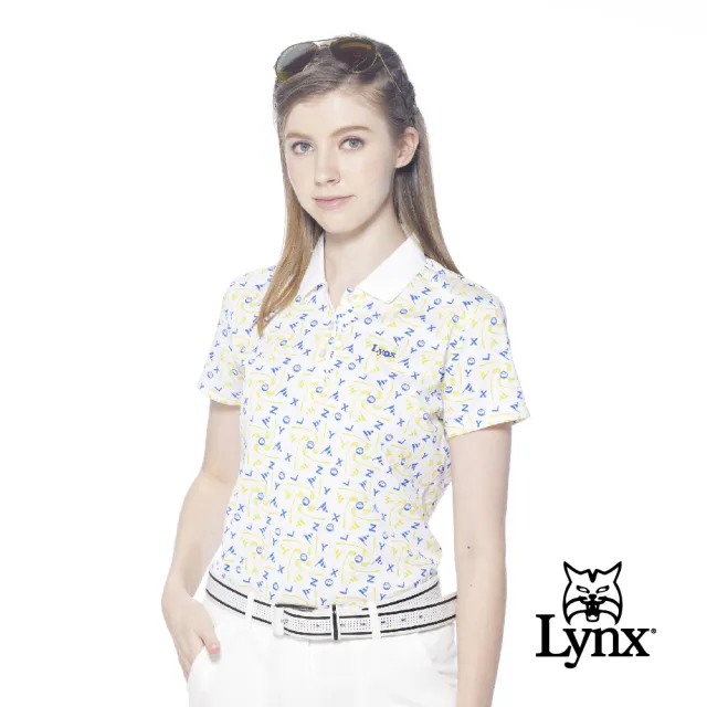 【Lynx Golf】女款吸濕排汗機能網眼材質配色高爾夫圖樣Lynx繡花短袖POLO衫(白色)