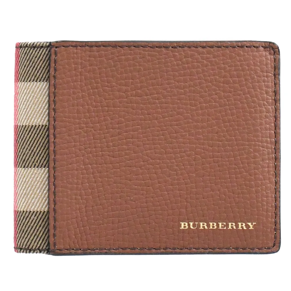 【BURBERRY 巴寶莉】英系經典格紋拼接雙折六卡短夾(咖)