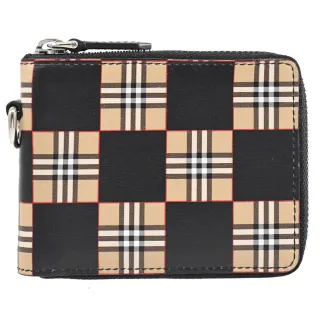 【BURBERRY 巴寶莉】經典格紋拼接ㄇ字扣環拉鍊零錢短夾(駝/黑)