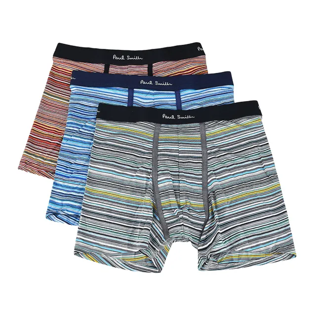 【Paul Smith】PAUL SMITH字母草寫LOGO多色條紋組合棉質長款四角內褲三件裝(男款/灰x藍x紅)