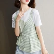 【MsMore】小清新不規則短袖T恤圓領假兩件收腰顯瘦短版上衣#116691(綠色)