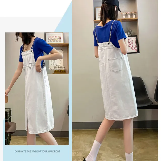 【MsMore】鍊子吊背帶牛仔中長裙可愛減齡寬鬆小個子寬鬆直筒吊帶裙#116672(2色)