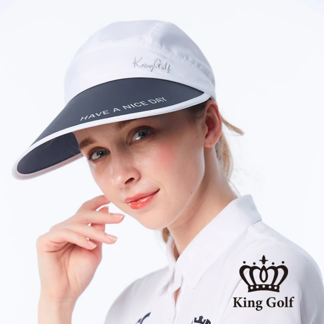 【KING GOLF】速達-實體同步款-草寫刺繡長帽沿可調節式遮陽帽球帽(白色)