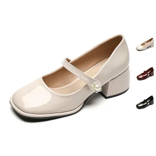 【J&H collection】法式復古一字珍珠粗跟女鞋(現+預 杏色 / 酒紅色 / 黑色)