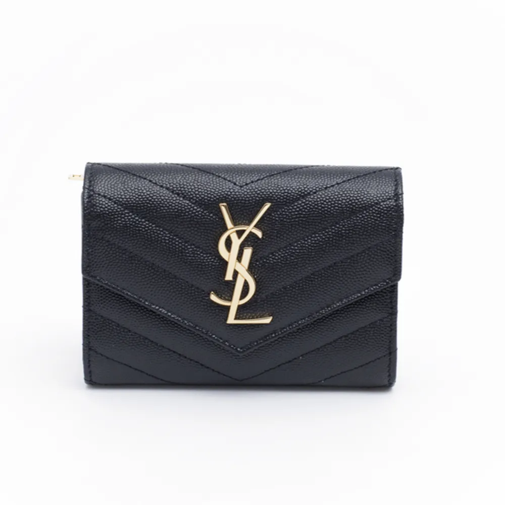 【YSL】金字LOGO V字縫線 黑色 小牛皮 拉鍊短夾 錢包(403943BOW011000)