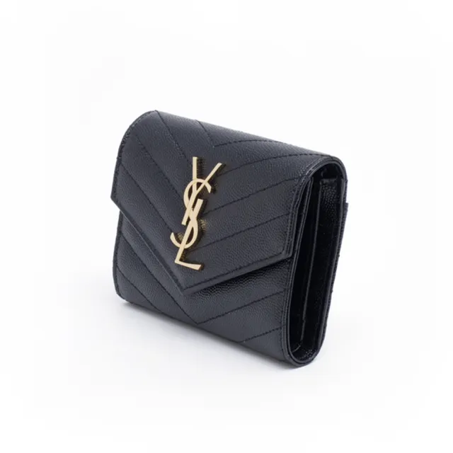 【YSL】金字LOGO V字縫線 黑色 小牛皮 拉鍊短夾 錢包(403943BOW011000)