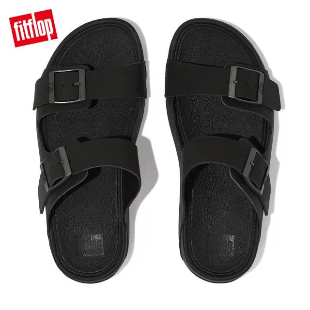 【FitFlop】GOGH MOC MENS BUCKLE LEATHER SLIDES扣環裝飾皮革雙帶涼鞋-男(黑色)