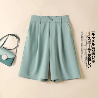 【JILLI-KO】夏季時尚百搭寬鬆高腰西裝短褲-M/L/XL(淺綠/白)