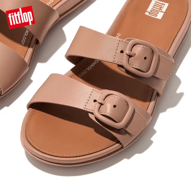 【FitFlop】GRACIE RUBBER-BUCKLE TWO-BAR LEATHER SLIDES扣環造型皮革雙帶涼鞋-女(米色)