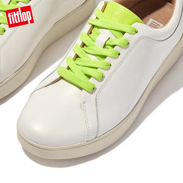 【FitFlop】RALLY NEON-POP LEATHER SNEAKERS螢光撞色繫帶休閒鞋-女(都會白/熒光黃)