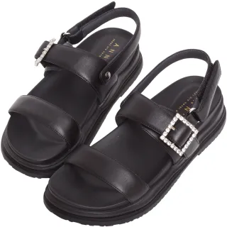 【Ann’S】頂級牛皮方鑽兩穿-升級彈力厚底魔鬼氈涼鞋4cm(黑)