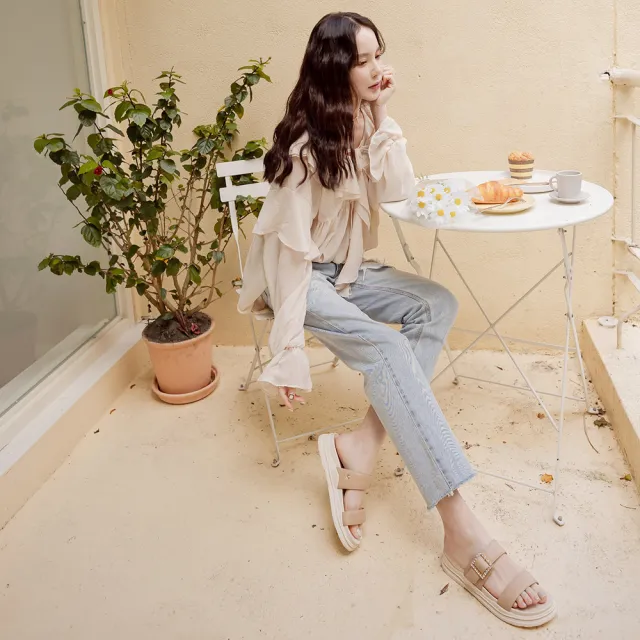 【Ann’S】頂級牛皮方鑽兩穿-升級彈力厚底魔鬼氈涼鞋4cm(杏)