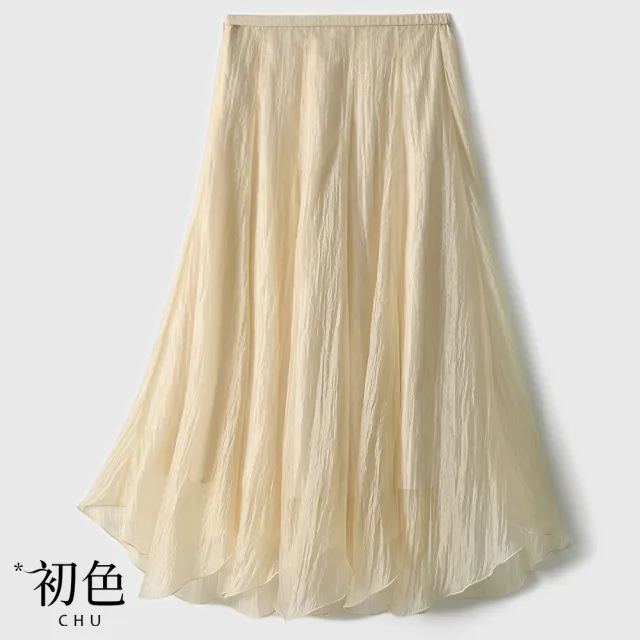 【初色】浪漫木耳邊不規則雪紡半身裙長裙-共4色-67387(M-XL可選)