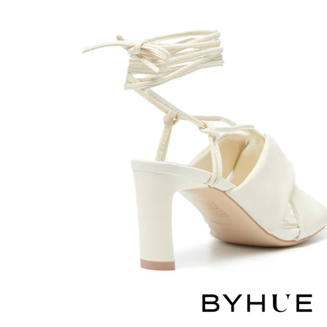 【BYHUE】韓系唯美純色綁帶軟芯方頭高跟涼鞋(米白)
