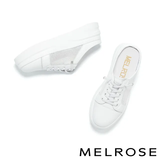 【MELROSE】率性微透視異材質拼接綁帶休閒穆勒厚底拖鞋(白)