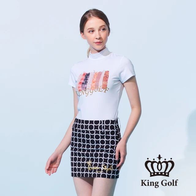 【KING GOLF】網路獨賣款-女款筆刷感印花LOGO印圖涼感小立領上衣/高爾夫球衫(白色)