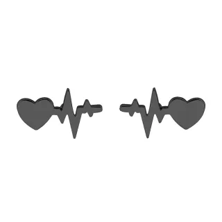 【VIA】白鋼耳釘 愛心耳釘/符號系列 愛心心跳電波造型白鋼耳釘(黑色)