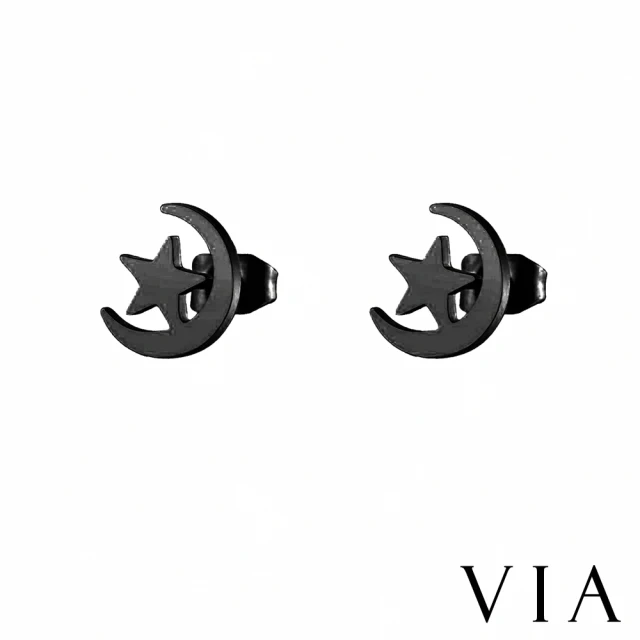 【VIA】白鋼耳釘 月亮耳釘/星空系列 星月相伴星星月亮造型白鋼耳釘(黑色)