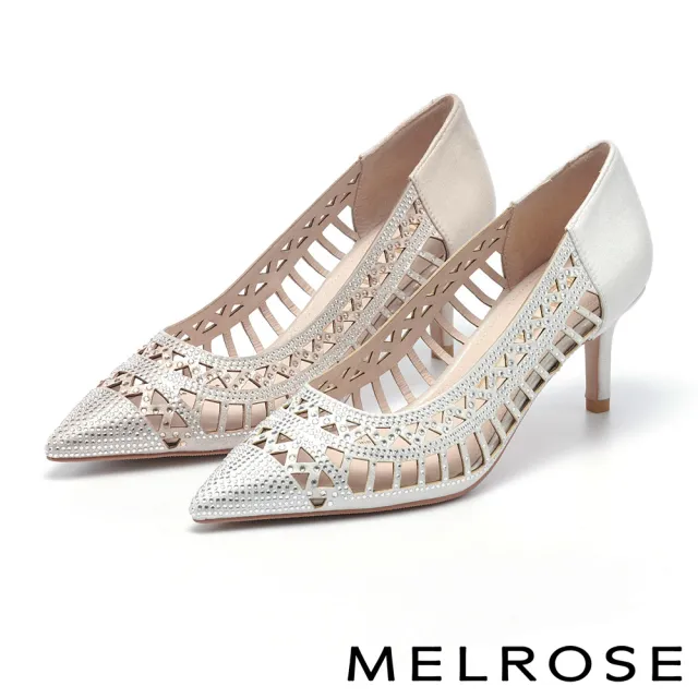 【MELROSE】華麗璀璨晶鑽金屬布鏤空尖頭高跟鞋(粉)
