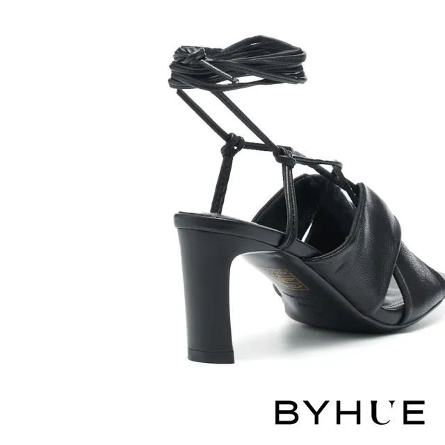 【BYHUE】韓系唯美純色綁帶軟芯方頭高跟涼鞋(黑)
