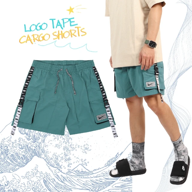 NIKE 耐吉 海灘褲 Logo Tape Cargo 藍綠 黑 男款 褲子 7吋 快乾 緞帶 短褲 膝上(NESSD500-344)