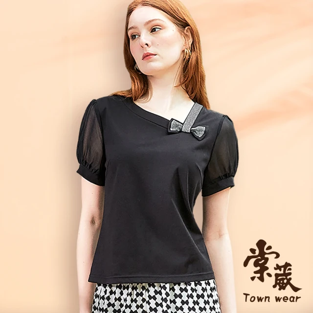 TOWN’WEAR 棠葳 時尚燙鑽蝴蝶結透膚袖上衣(女上衣/短袖/素色/純棉)