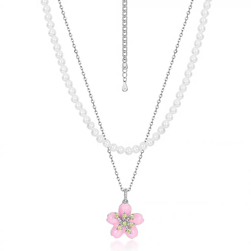 【Jpqueen】完美交織櫻花珍珠鋯石雙層項鍊(粉色)