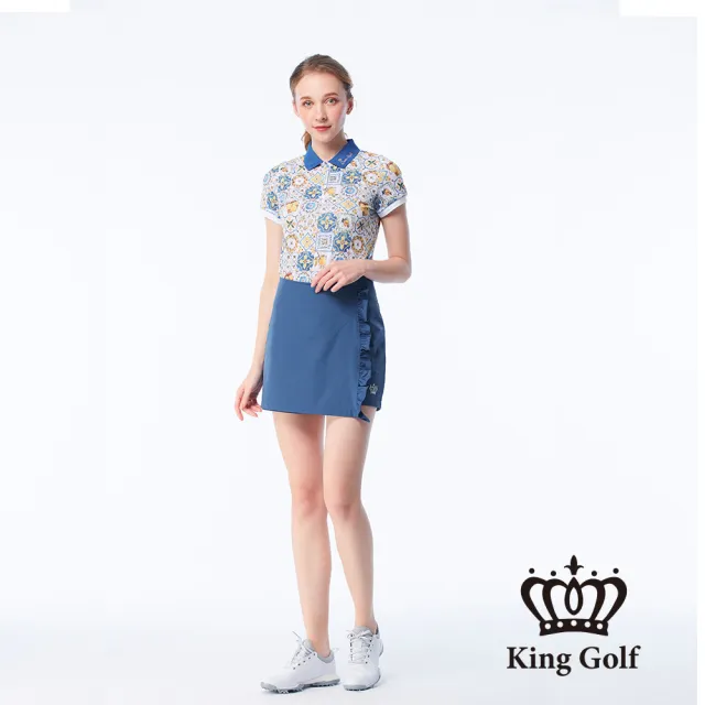 【KING GOLF】實體同步款-女款南法畫布風印花LOGO撞色涼感短袖POLO衫/高爾夫球衫(藍色)