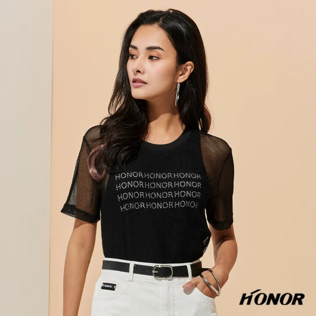 HONOR 山形屋 網格透膚水鑽字樣背心上衣(MOMO獨家限定)