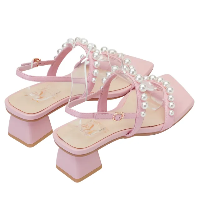 【Grace Gift】小貓聯名-珍珠糖霜真皮細帶中跟涼鞋(粉紅)