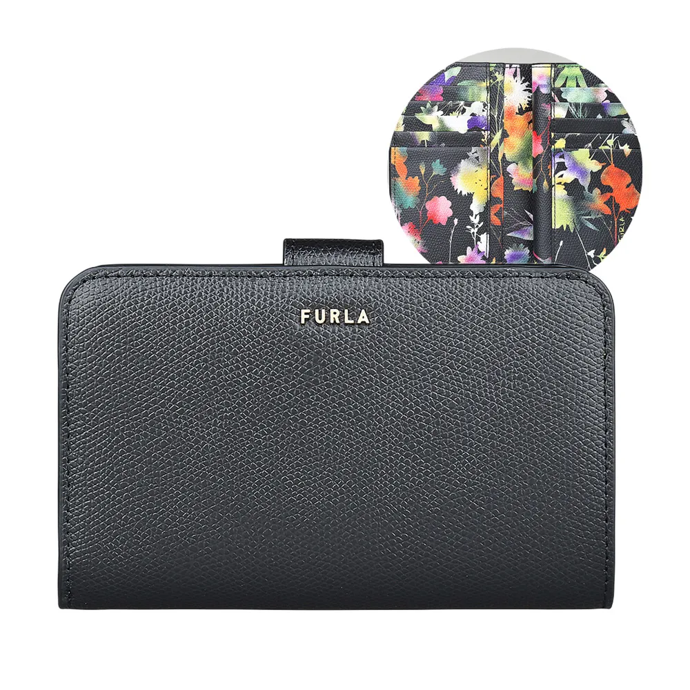 【FURLA 芙拉】FURLA BABYLON金字LOGO牛皮搭配花卉設計內裡10卡拉鍊釦式中夾(黑x多色)