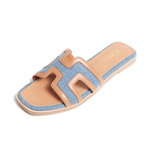 【KOKKO 集團】異材質H型撞色平底拖鞋(淺藍色)