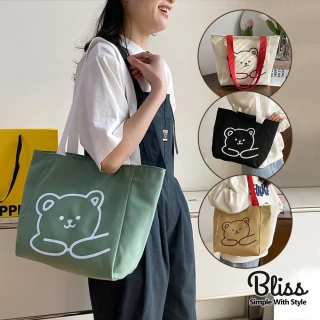 【Bliss BKK】日系小熊文藝帆布單肩包 手提包 肩背包 帆布包 購物袋(4色可選)