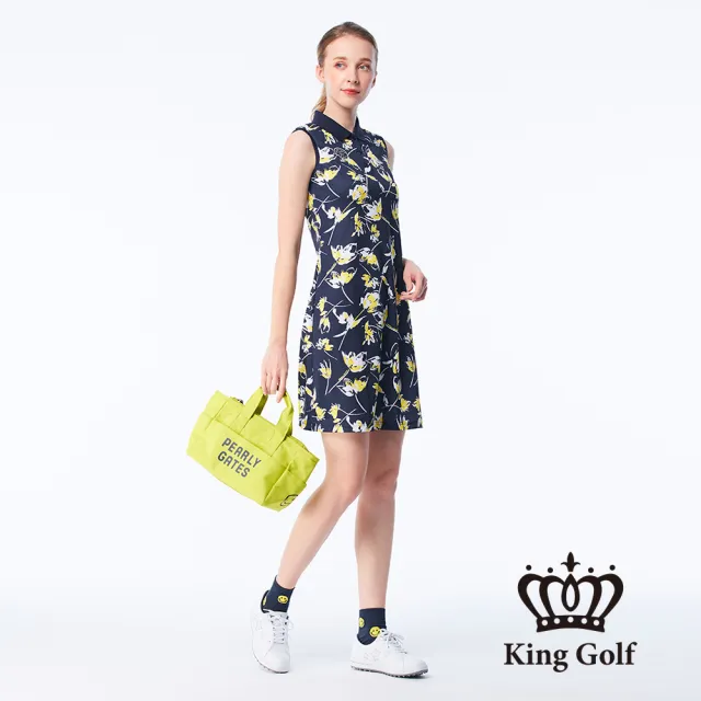 【KING GOLF】實體同步款-女款花朵剪影印花刺繡涼感收腰背心連身裙/高爾夫洋裝(深藍)