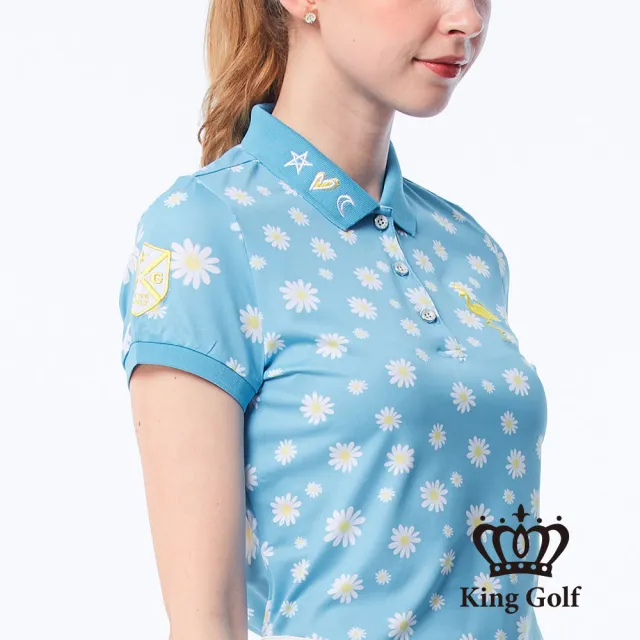 【KING GOLF】速達-網路獨賣款-女款小菊花印花刺繡造型POLO衫/高爾夫球衫(藍色)