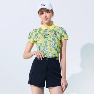 【KING GOLF】速達-網路獨賣款-女款花朵印圖火鶴刺繡造型POLO衫/高爾夫球衫(黃色)