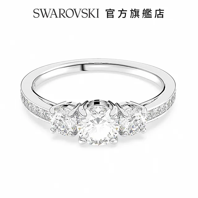 【SWAROVSKI 官方直營】Stilla Attract 戒指 圓形切割 白色 銀色調潤飾