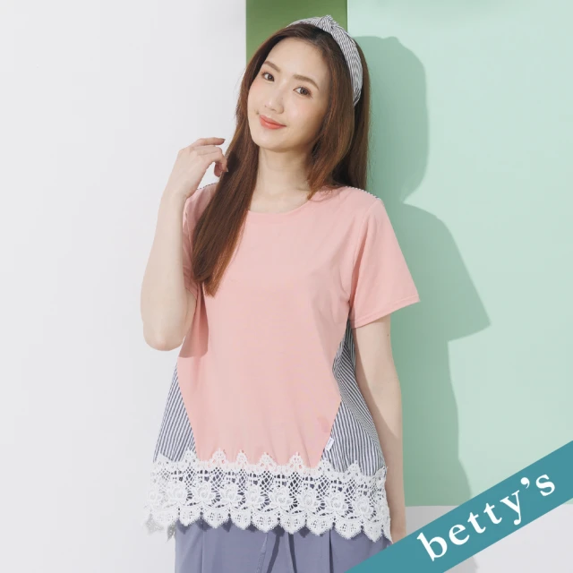 betty’s 貝蒂思 條紋拼接蕾絲短袖上衣(淺粉色)