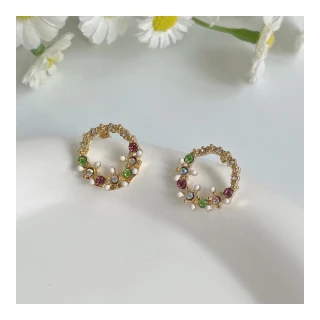 【MISS KOREA】韓國設計森林系彩色花朵點鑽圈圈造型耳環(花朵耳環 點鑽耳環 圈圈耳環)