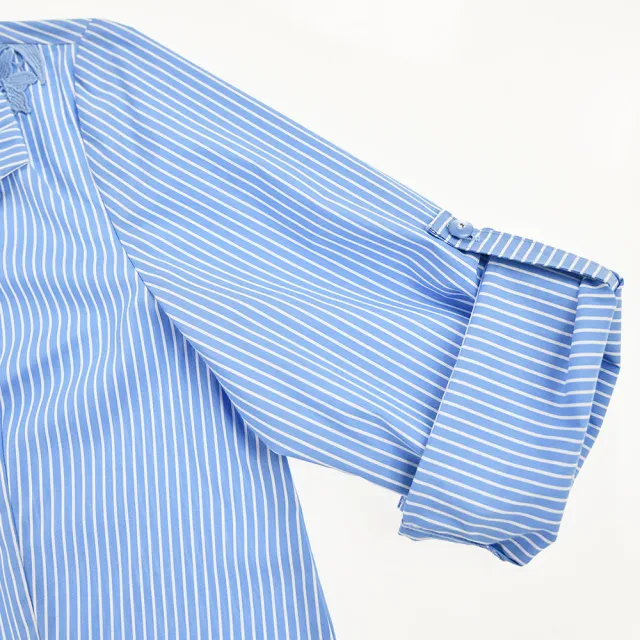 【ILEY 伊蕾】都會縷空刺繡蕾絲條紋襯衫上衣(藍色；M-XL；1231061503)