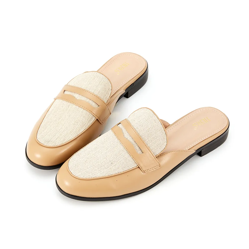 【HERLS】穆勒鞋-度假感異材質橢圓頭便仕穆勒鞋(駝色)