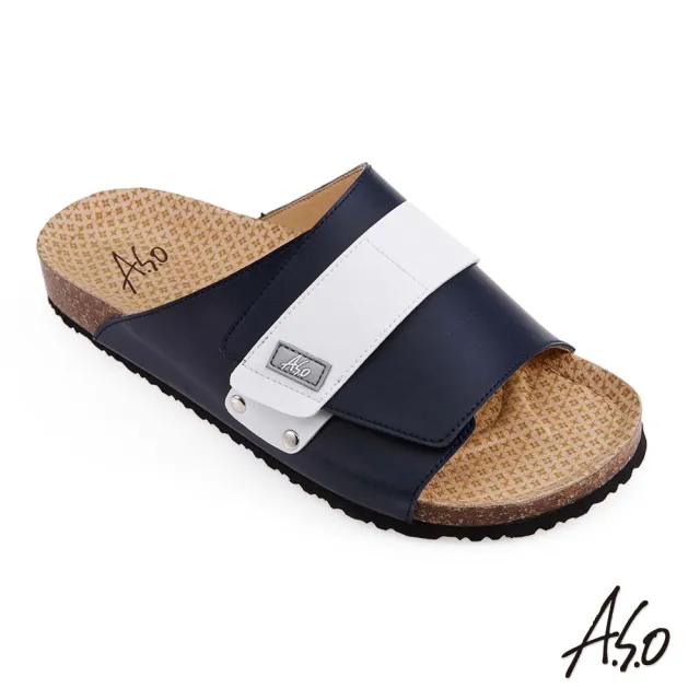 【A.S.O 阿瘦集團】足健康寬版自黏帶拖鞋-男款(藍色)