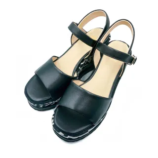 【SM】羊皮一字寬帶楔型涼鞋(黑色)