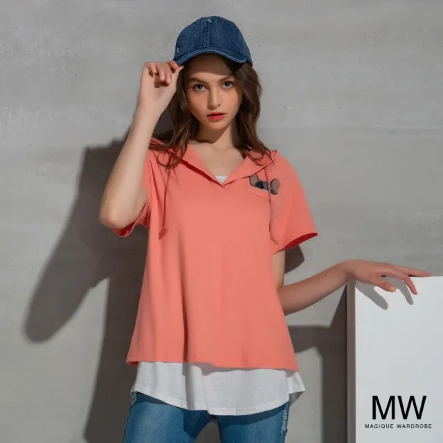 【MAGIQUE WARDROBE】假兩件連帽法鬥探頭燙片短袖上衣(2色)