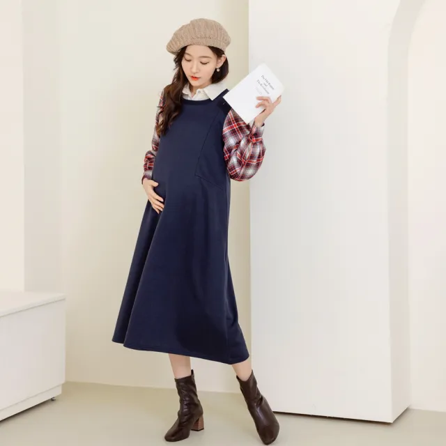 【OB 嚴選】韓系格紋拼接袖拉鍊式哺乳孕婦洋裝 《MA0572》