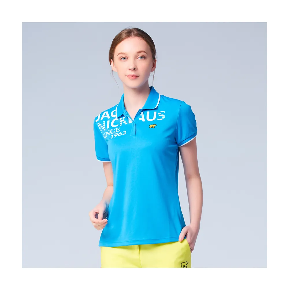 【Jack Nicklaus 金熊】GOLF女款英文印花抗UV吸濕排汗高爾夫球衫/POLO衫(藍色)