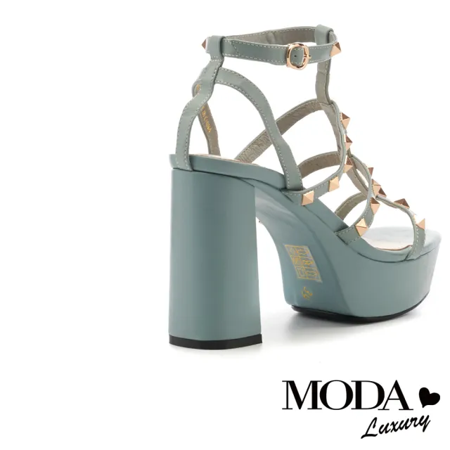 【MODA Moday】率性風金屬鉚釘牛皮美型水台高跟涼鞋(藍)
