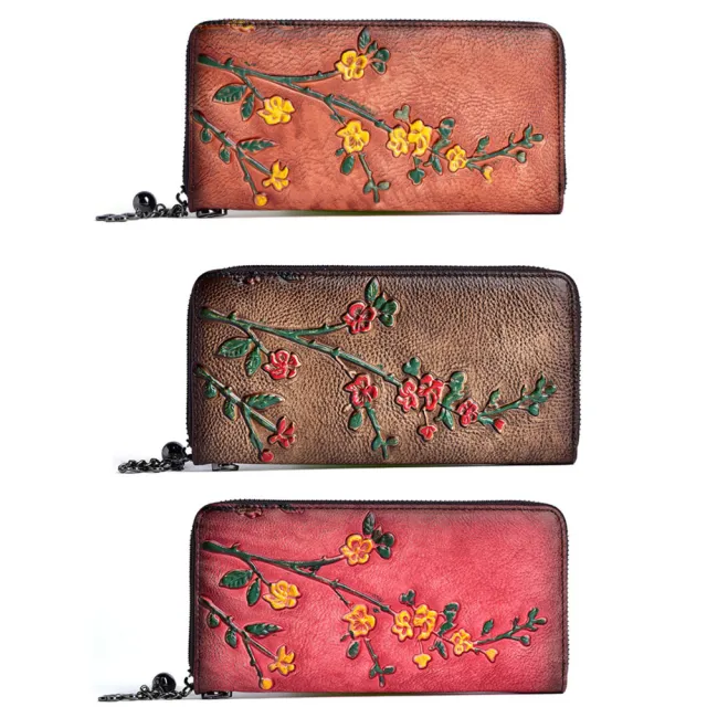 【Jpqueen】復古花朵壓印女士牛皮長款錢包皮夾長夾(3色可選)