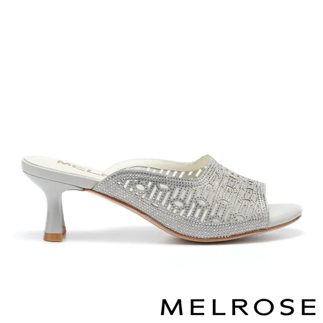 【MELROSE】華麗精美水鑽金屬布高跟拖鞋(灰)