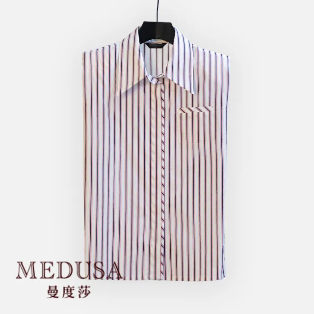 【MEDUSA 曼度莎】現貨-藍紅直紋墊肩無袖襯衫（M-XL）｜女上衣 無袖上衣 長版上衣(105-72901)